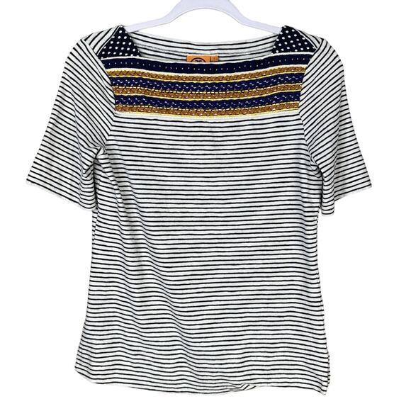 Tory Burch Striped Bateau Neck Short Sleeve Embroidered Beading Top SZ Small - Picture 1 of 9